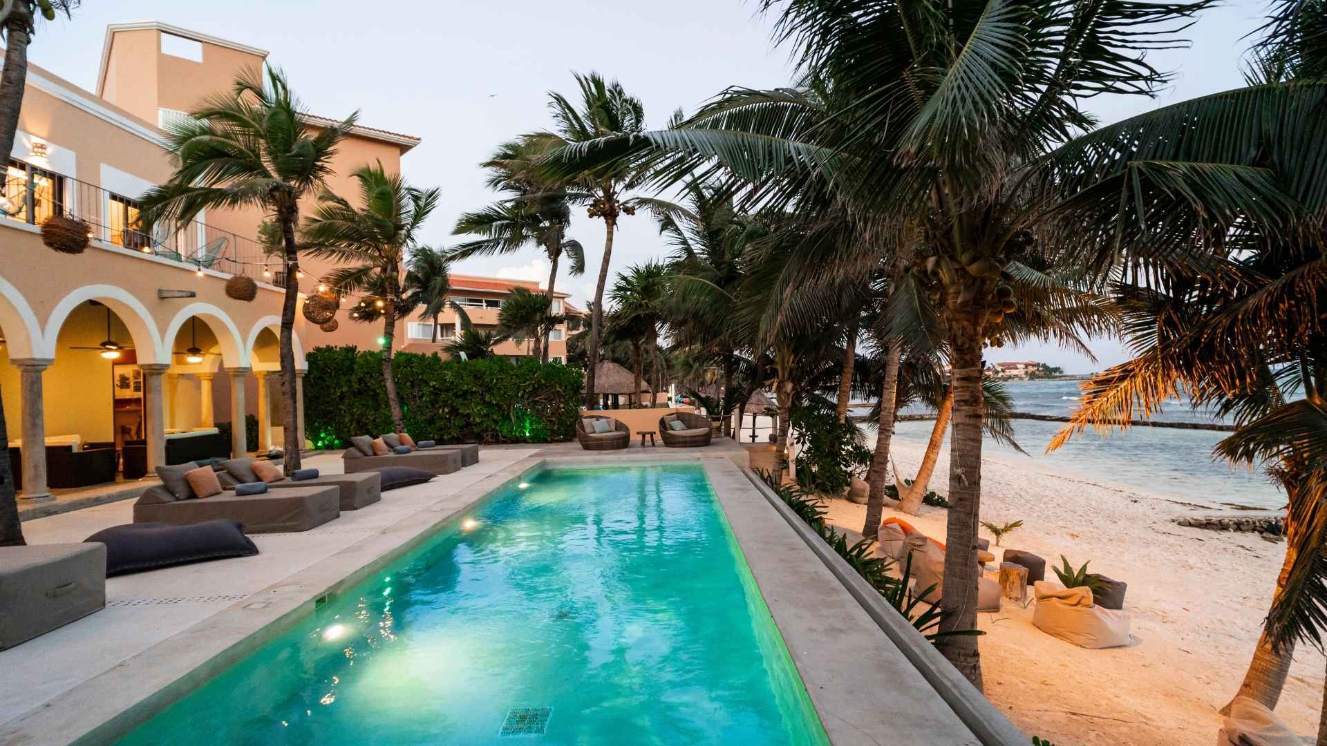 Hacienda del Mar’s outdoor lounge and pool overlooking the beach. 