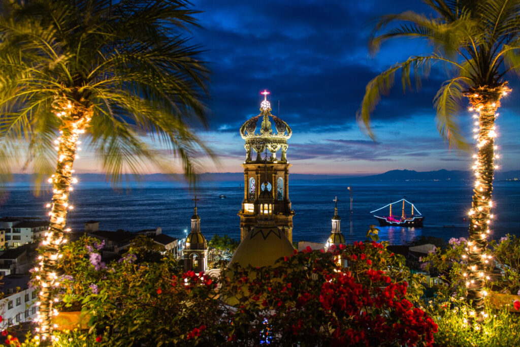 Sunset view over cathedral Our Lady of Guadalupe to the Pacific Ocean.