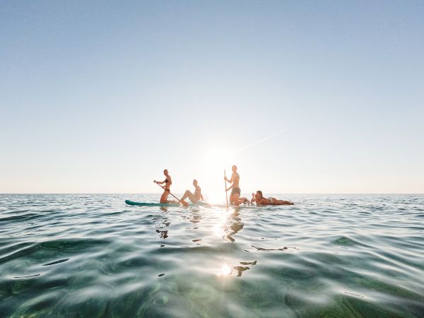 A group of people balancing on paddle boards in the calm, turquoise waters in Palmilla Beach