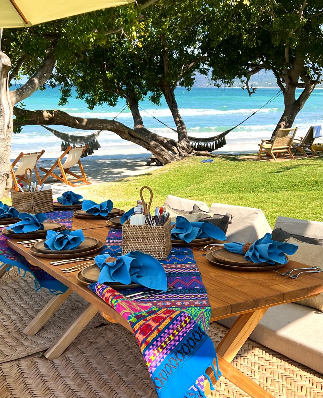 Beachfront brunch setup at Casa Roka Punta Mita with ocean views of Kupuri Beach