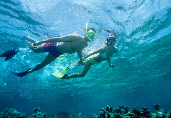 A couple snorkeling in the clear turquoise waters of the East Cape