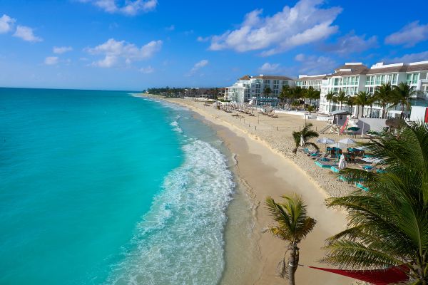 A view of Palmilla Beach in Los Cabos featuring soft golden sand, gentle waves, and a clear blue sky overhead